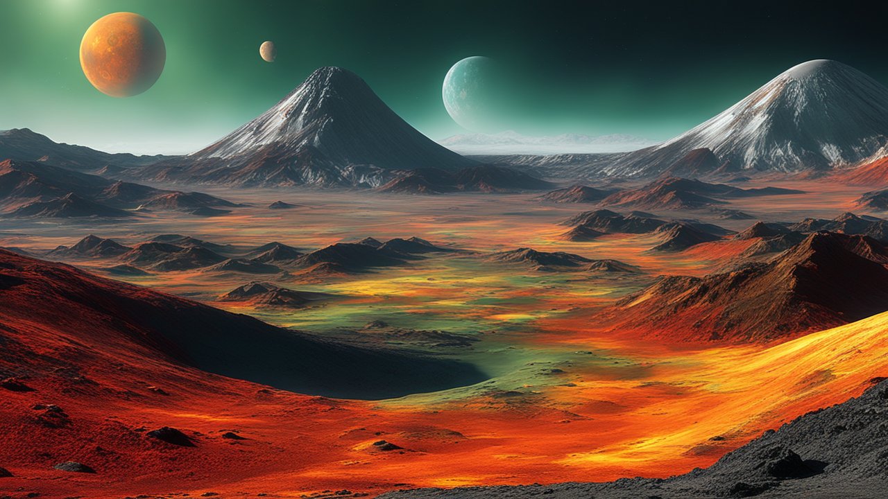 Alien Landscape with Multiple Planets and Volcanic Terrain