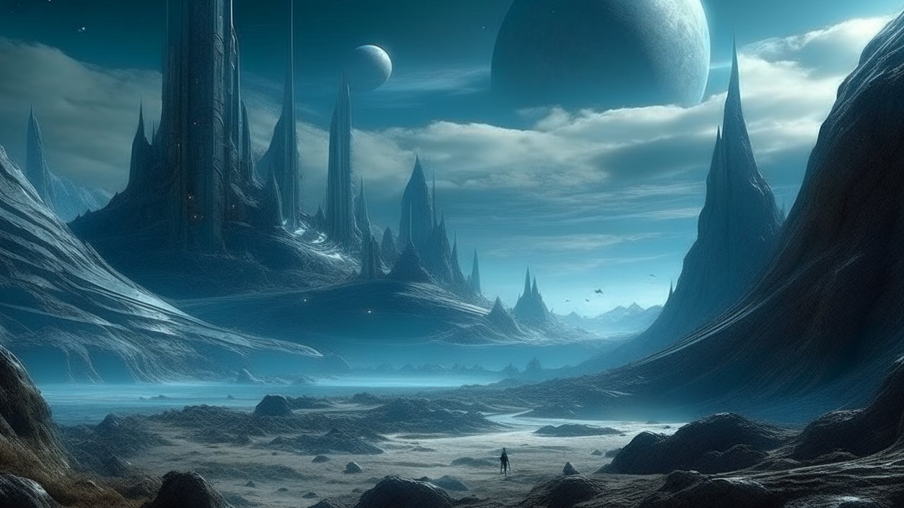 Alien Landscape with Towering Spires and Moons