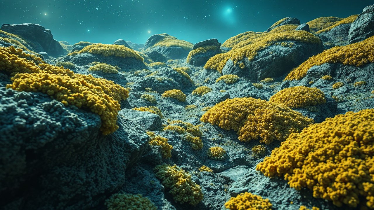 Alien Landscape with Yellow Moss on Rocky Terrain