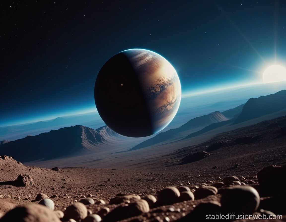 Alien Planet Landscape with Orbiting Gas Giant at Sunrise