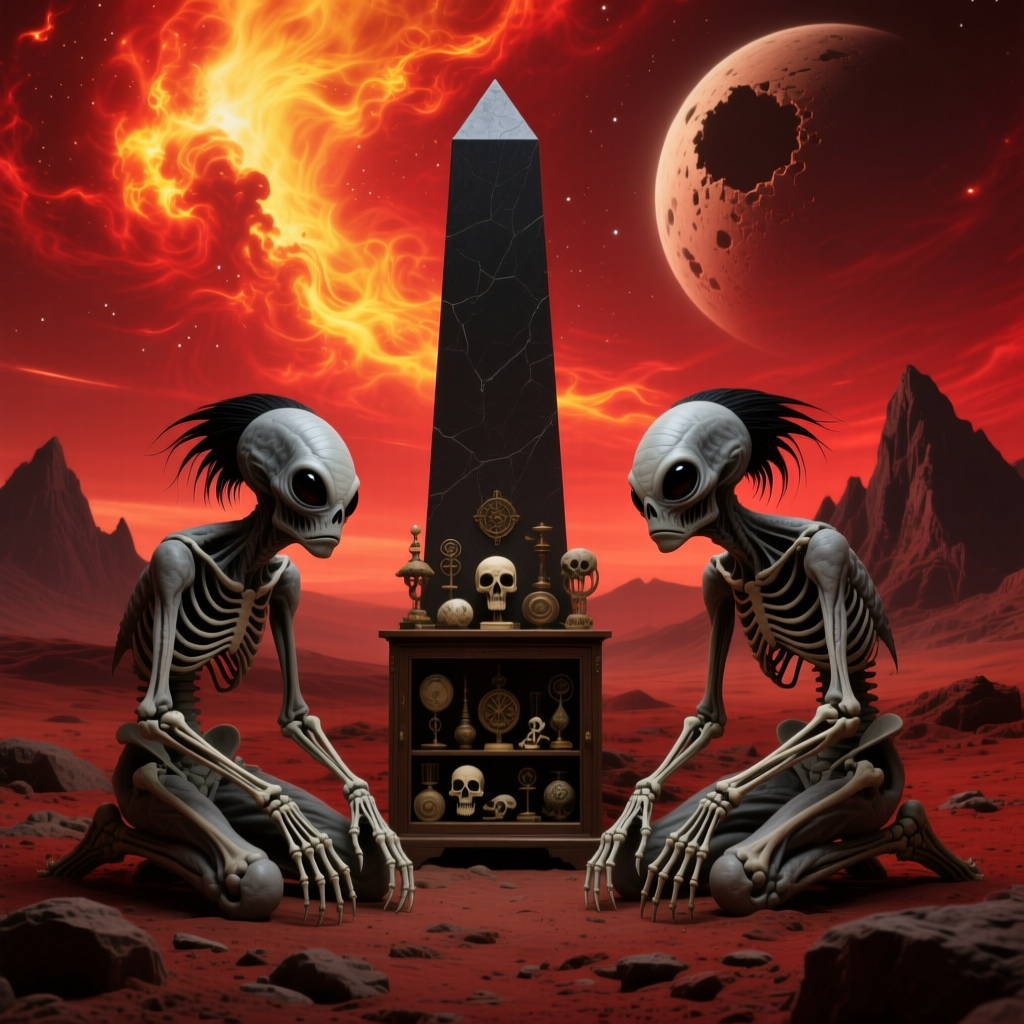 Alien Skeletons Worshiping Obelisk on Fiery Red Planet