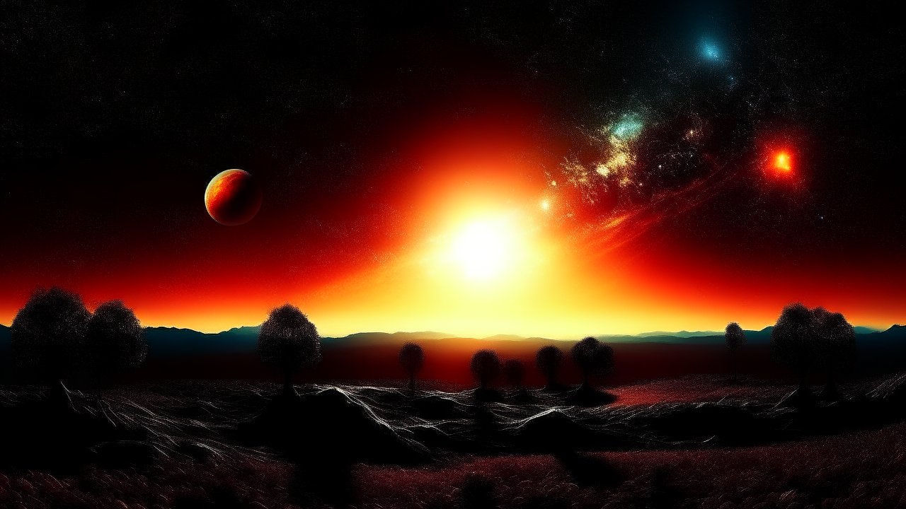 Alien Sunset with Distant Planets and Cosmic Sky