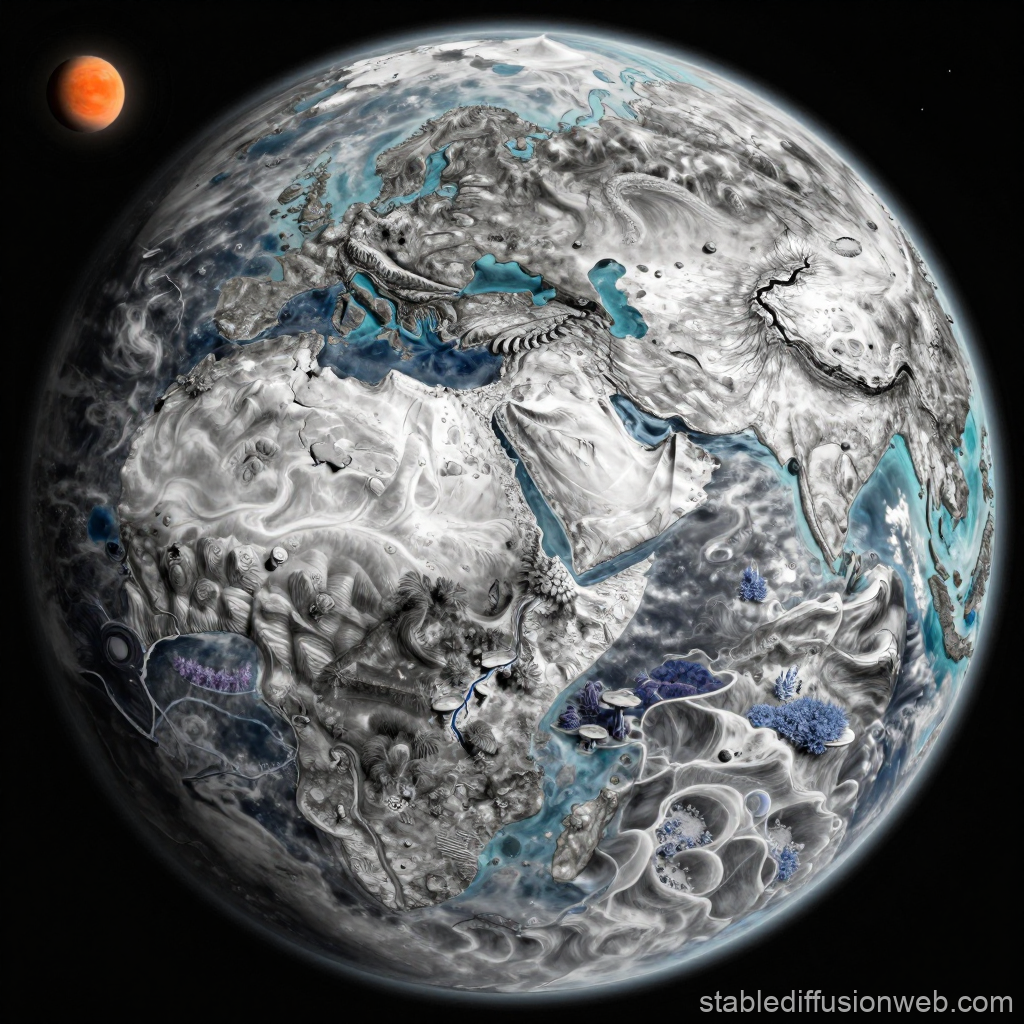 Alien Super Earth with Surreal Terrain and Red Moon
