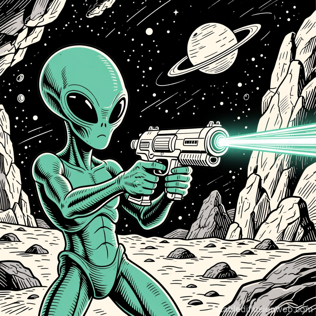 Alien with Laser Gun on Rocky Planet