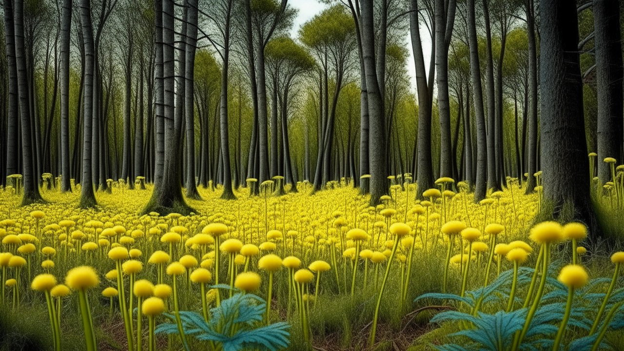 Alien Woodland with Yellow Fuzzy Flowers