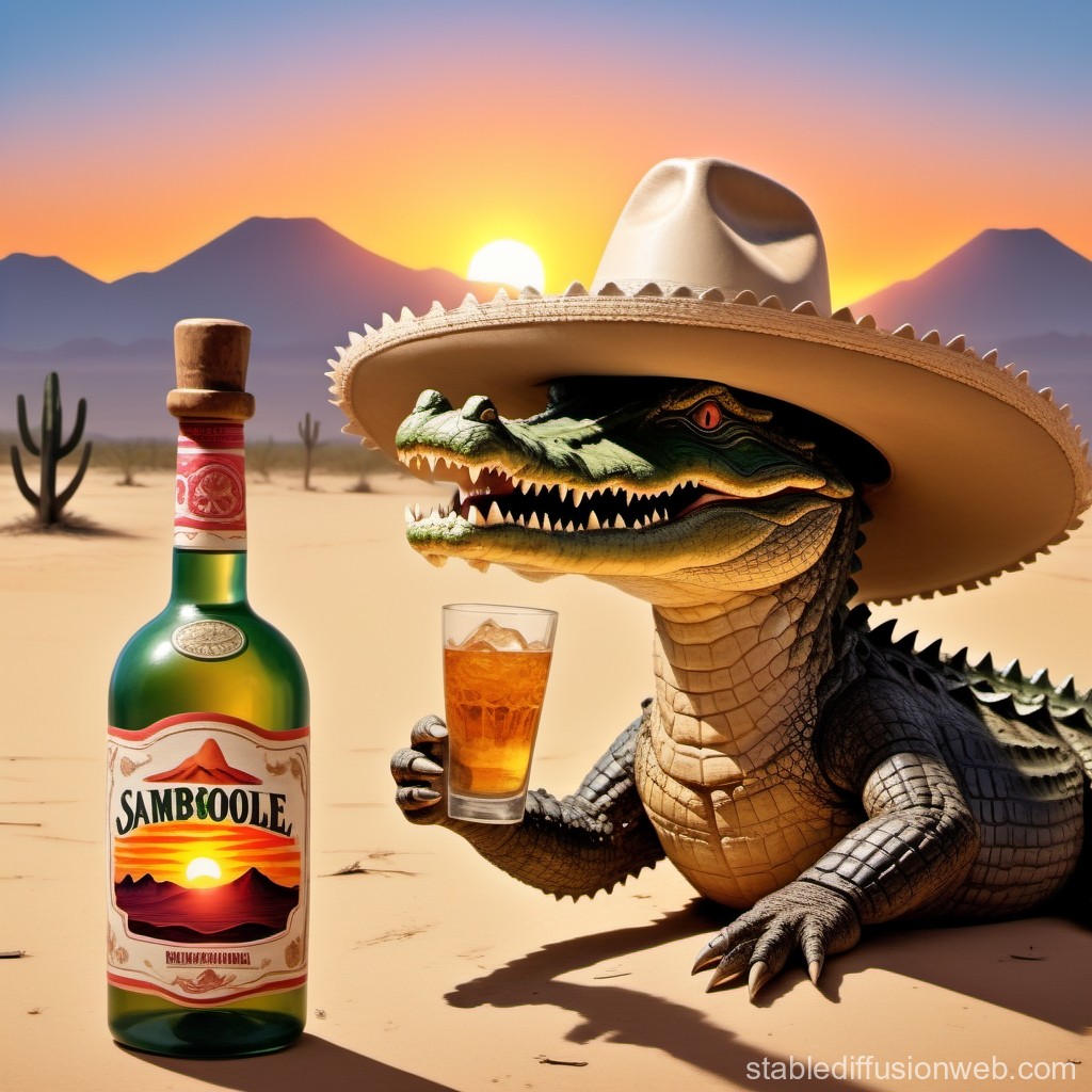 Alligator Wearing Sombrero with Drink in Desert Sunset