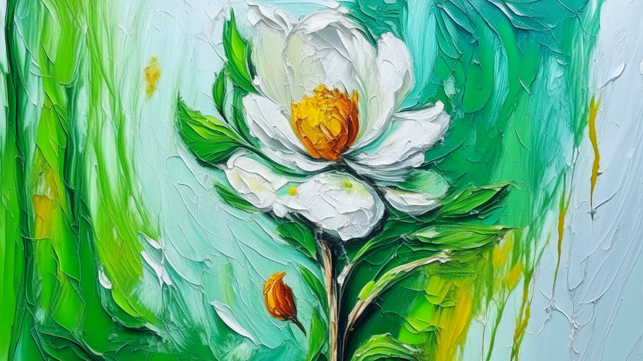 Ambrosia Flower Oil Painting with Vibrant Green Background