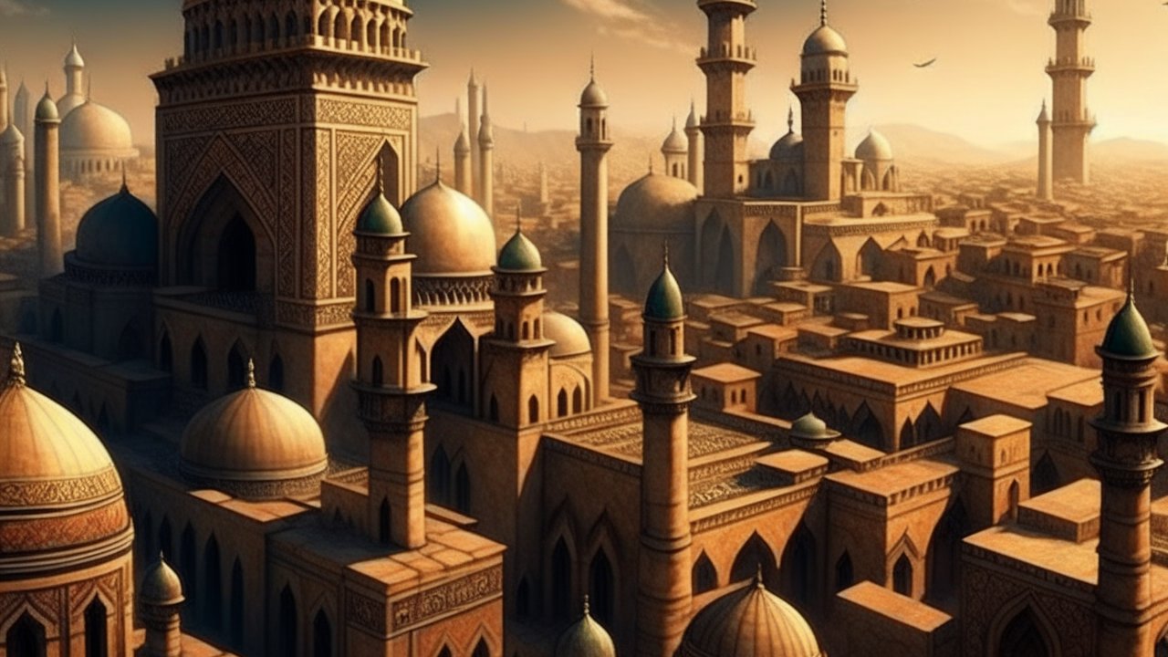 Ancient Arab Cityscape with Ornate Domes and Minarets