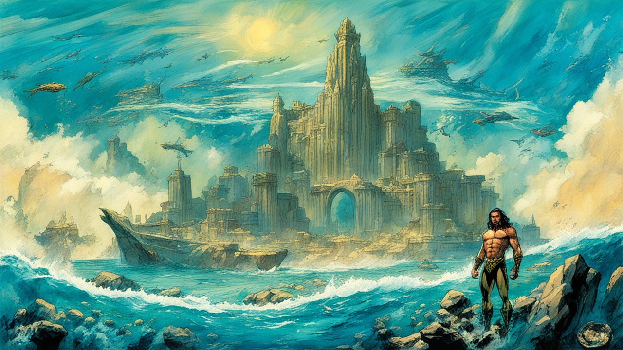 Ancient Atlantis with Heroic Figure by the Sea