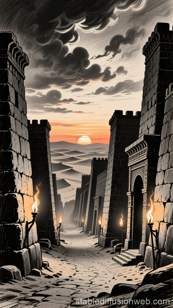 Ancient Biblical City at Sunset with Towering Stone Walls