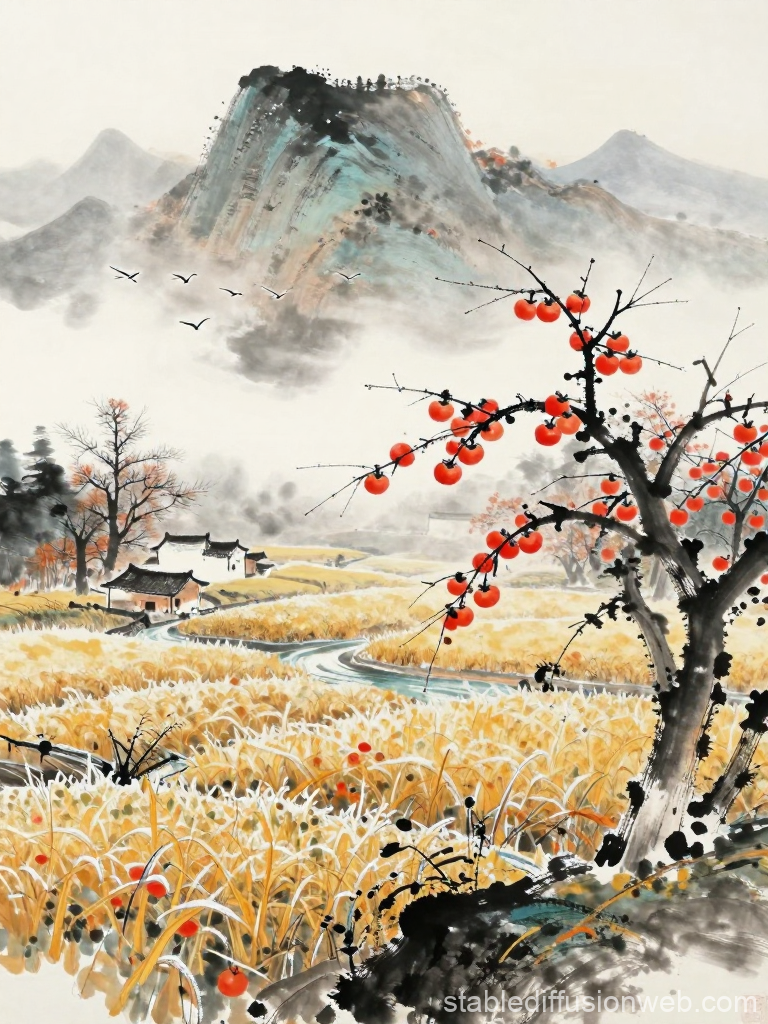 Ancient Chinese Landscape with Persimmon Tree