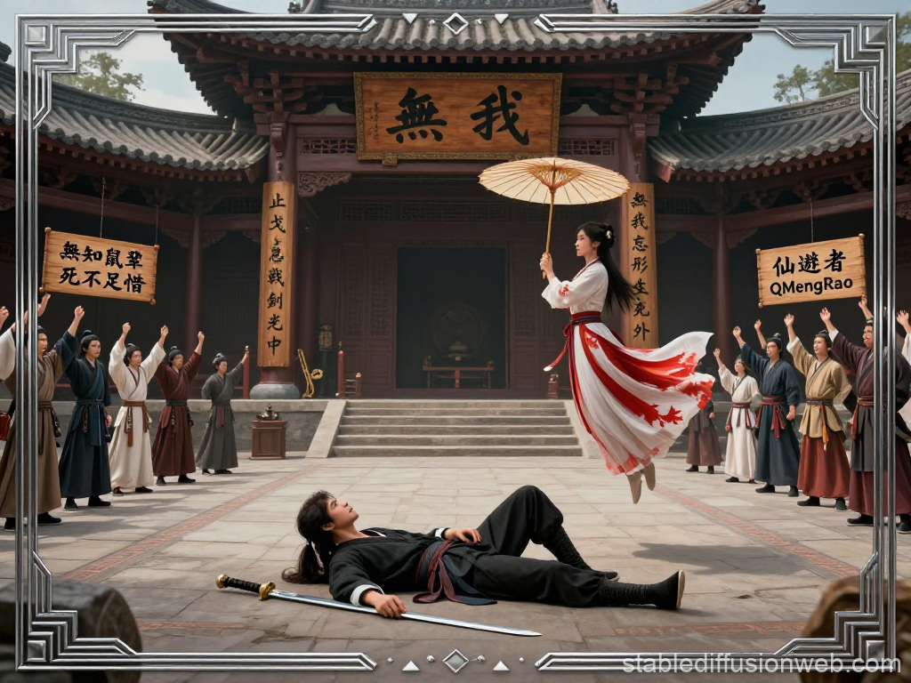 Ancient Chinese Martial Arts Duel in Traditional Courtyard