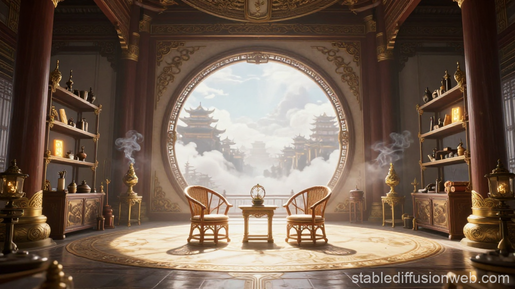 Ancient Chinese Pavilion with Scenic Mountain View