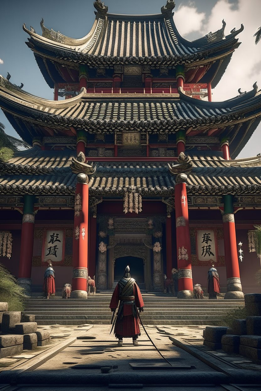 Ancient Chinese Temple with Warrior Guarding Entrance