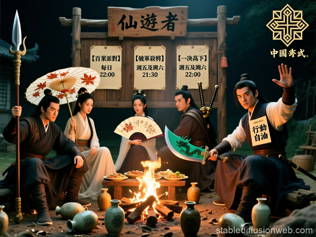 Ancient Chinese Warriors Gathering Around Campfire