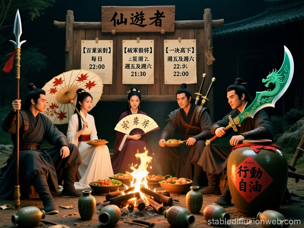 Ancient Chinese Warriors Gathering Around Campfire