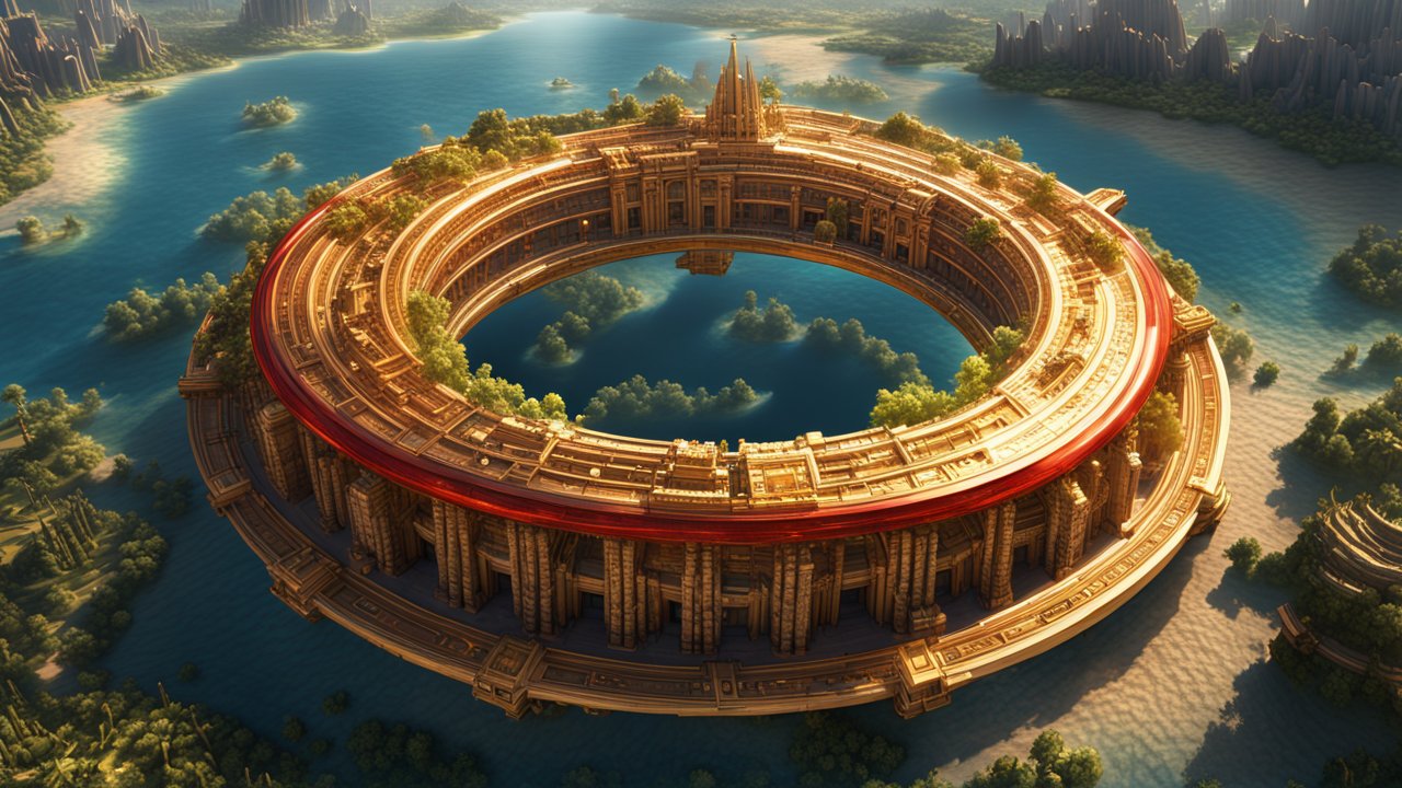 Ancient Circular Temple Surrounded by Water and Lush Islands