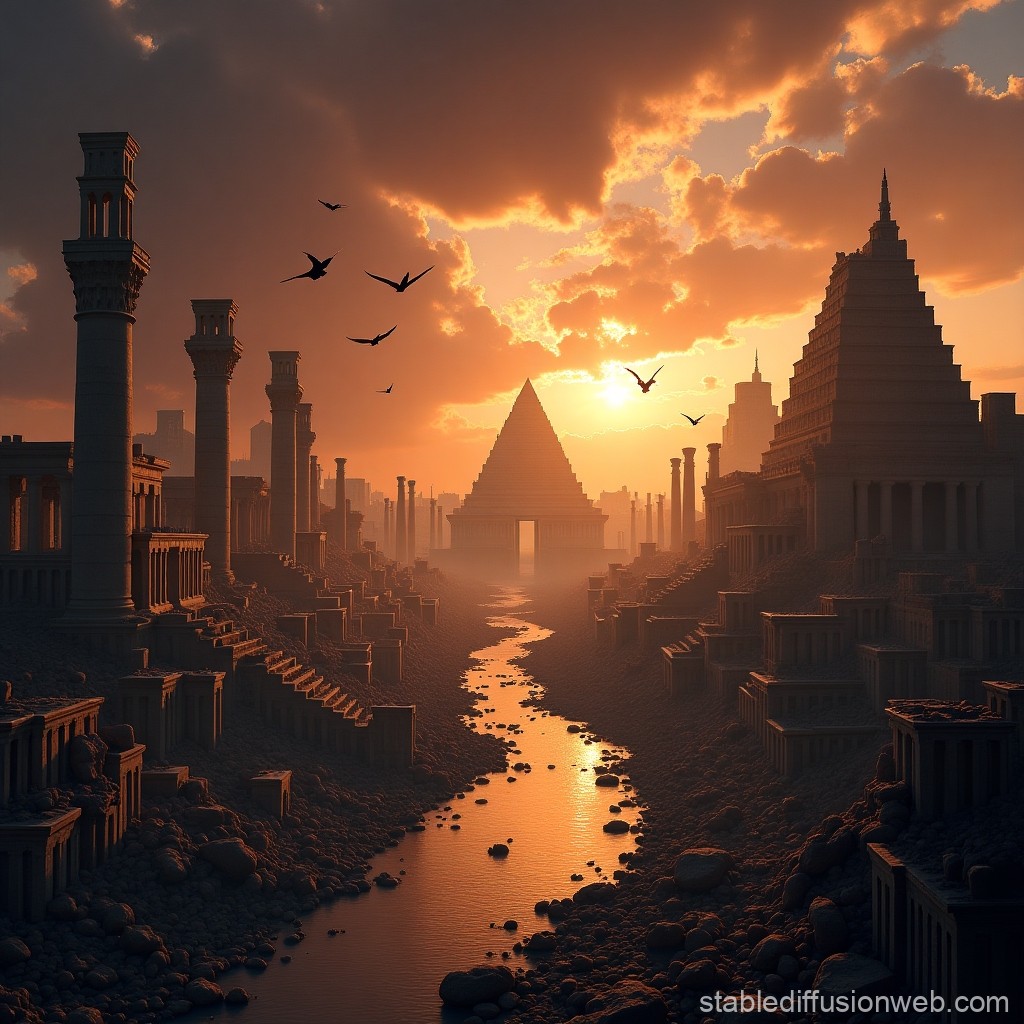 Ancient City at Sunset with Pyramidal Temples and Birds