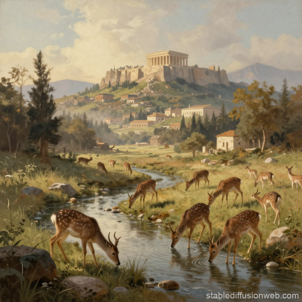 Ancient City Landscape with Deer by a Stream