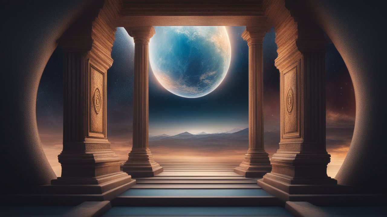 Ancient Columns Framing a Distant Blue Planet