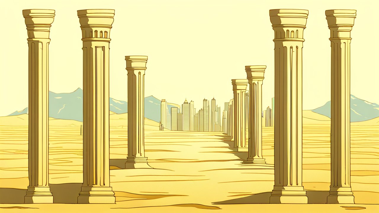 Ancient Columns Leading to Modern Cityscape in Desert