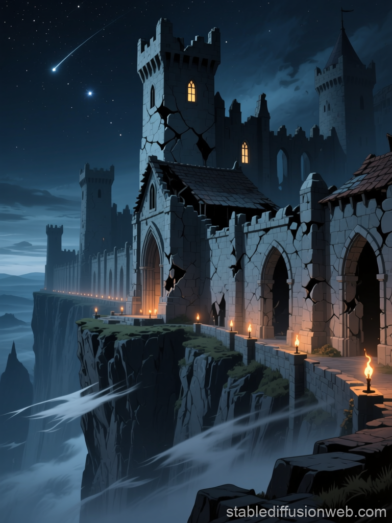 Ancient Cracked Fortress on Cliff at Night