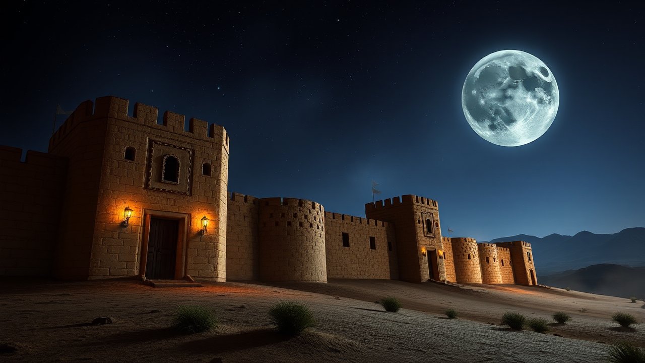 Ancient Desert Fortress Under a Full Moon