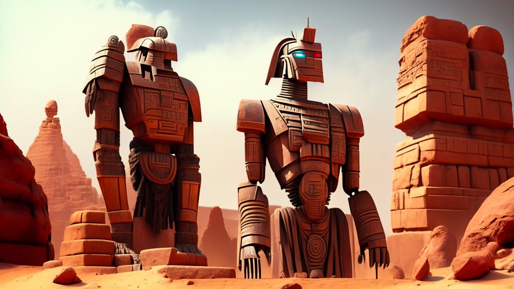 Ancient Egyptian-Inspired Robotic Statues in Desert Landscape