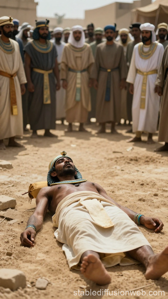 Ancient Egyptian Man Lying on Desert Ground with Onlookers