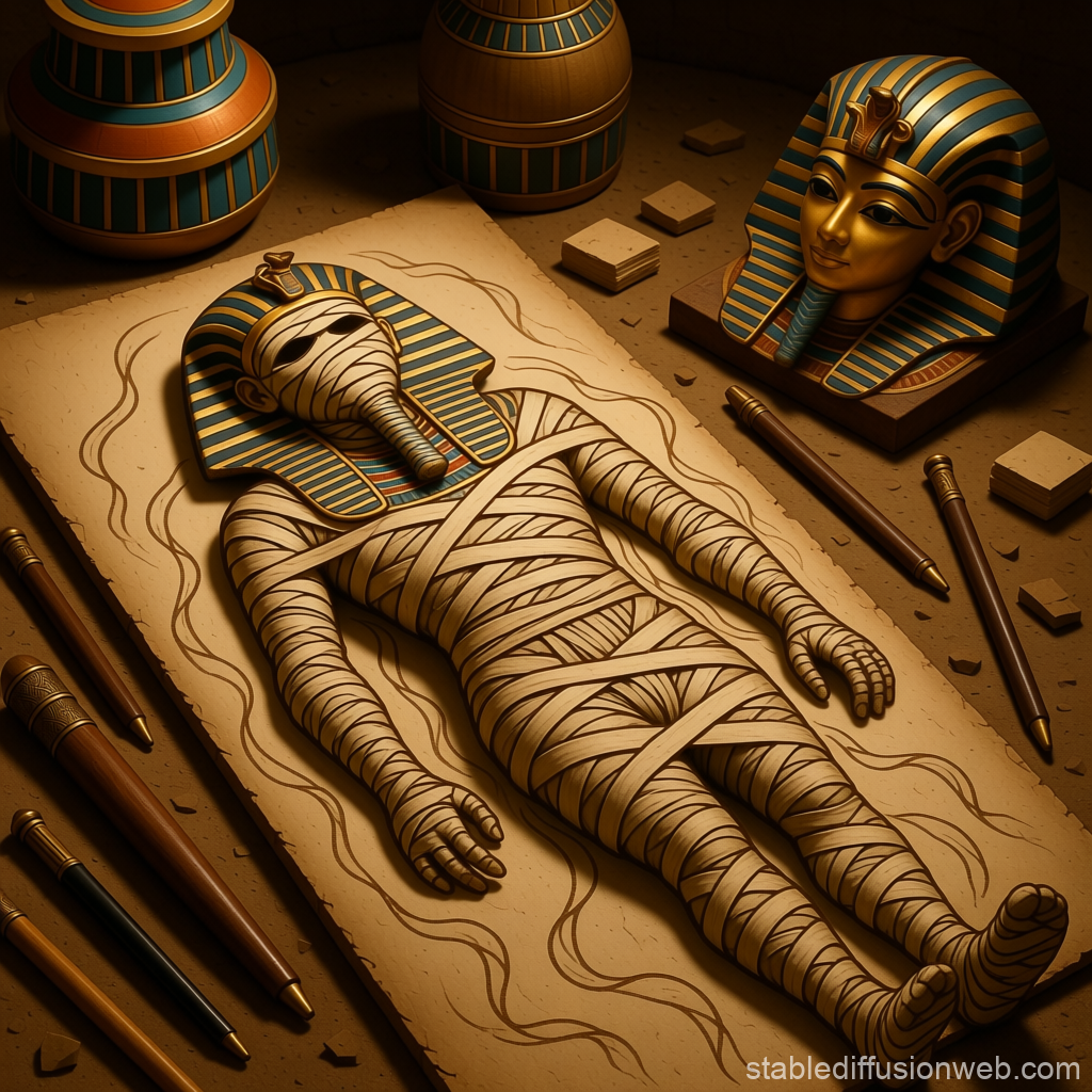 Ancient Egyptian Mummy with Pharaoh Mask and Artifacts