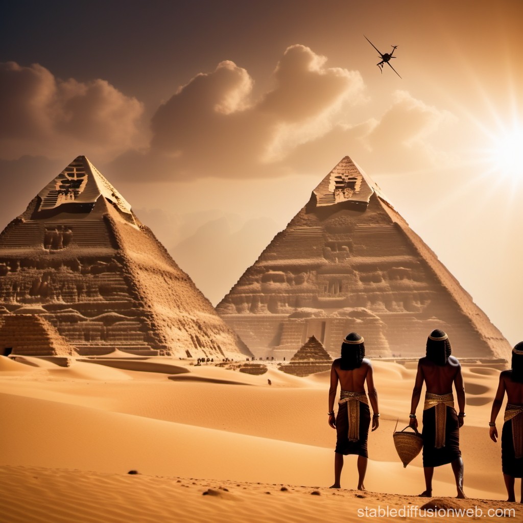 Ancient Egyptian Pyramids at Sunset with Figures in Desert