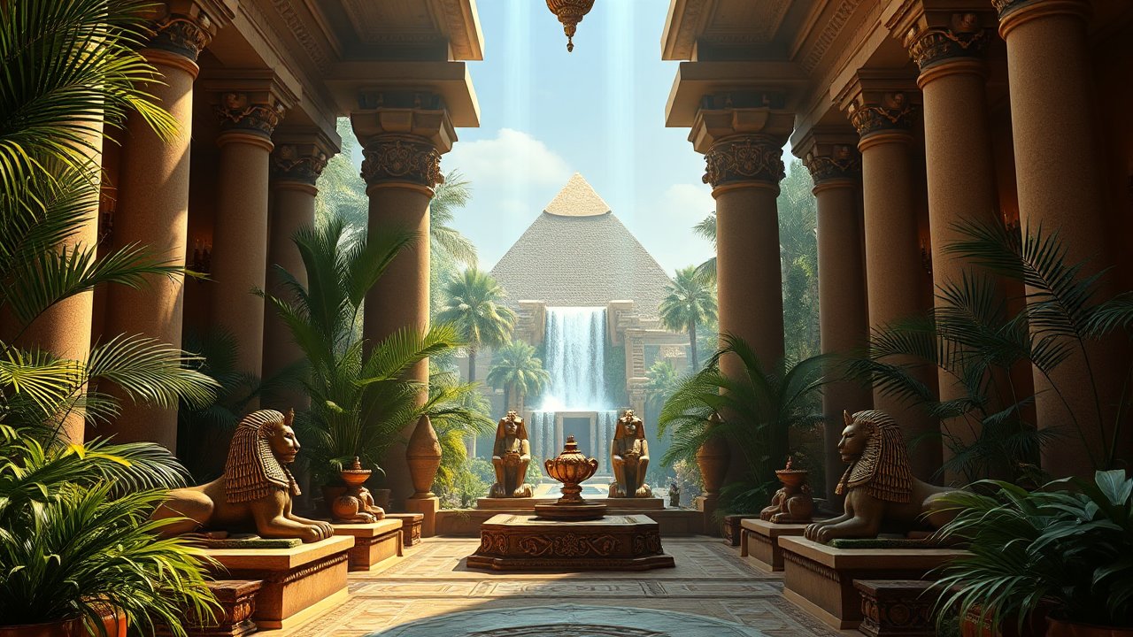 Ancient Egyptian Temple Interior with Pyramid and Waterfall