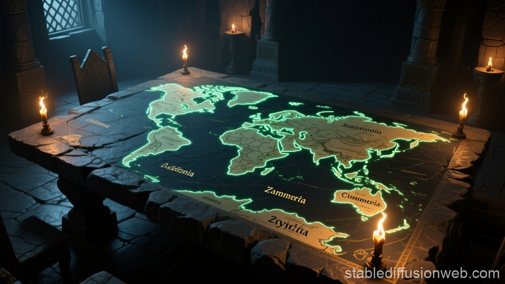Ancient Fantasy Map Illuminated on Stone Table