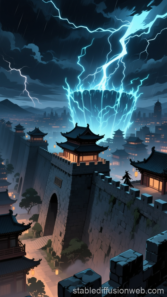 Ancient Fortress Under Stormy Sky with Lightning