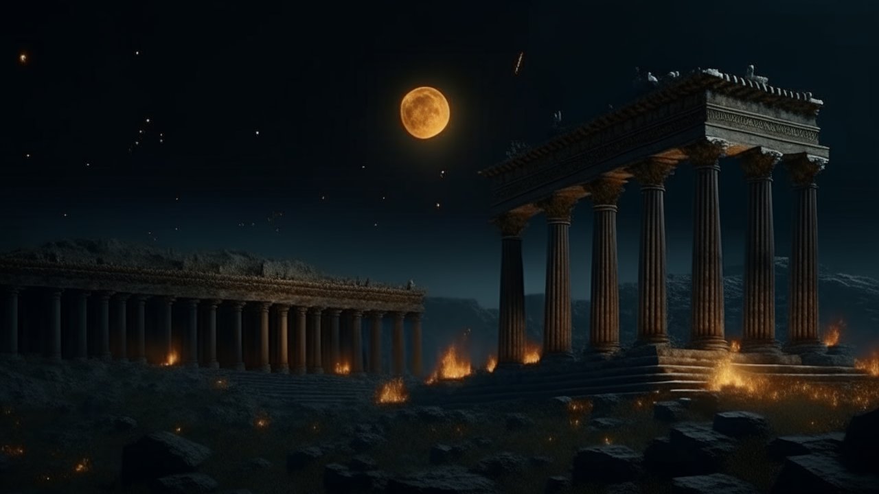 Ancient Greek Ruins Under a Fiery Moonlit Night