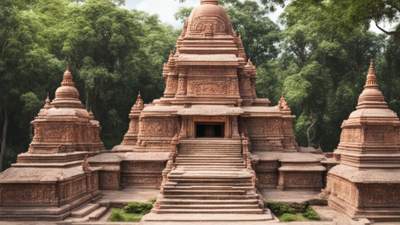 Ancient Hindu Temple Surrounded by Lush Greenery