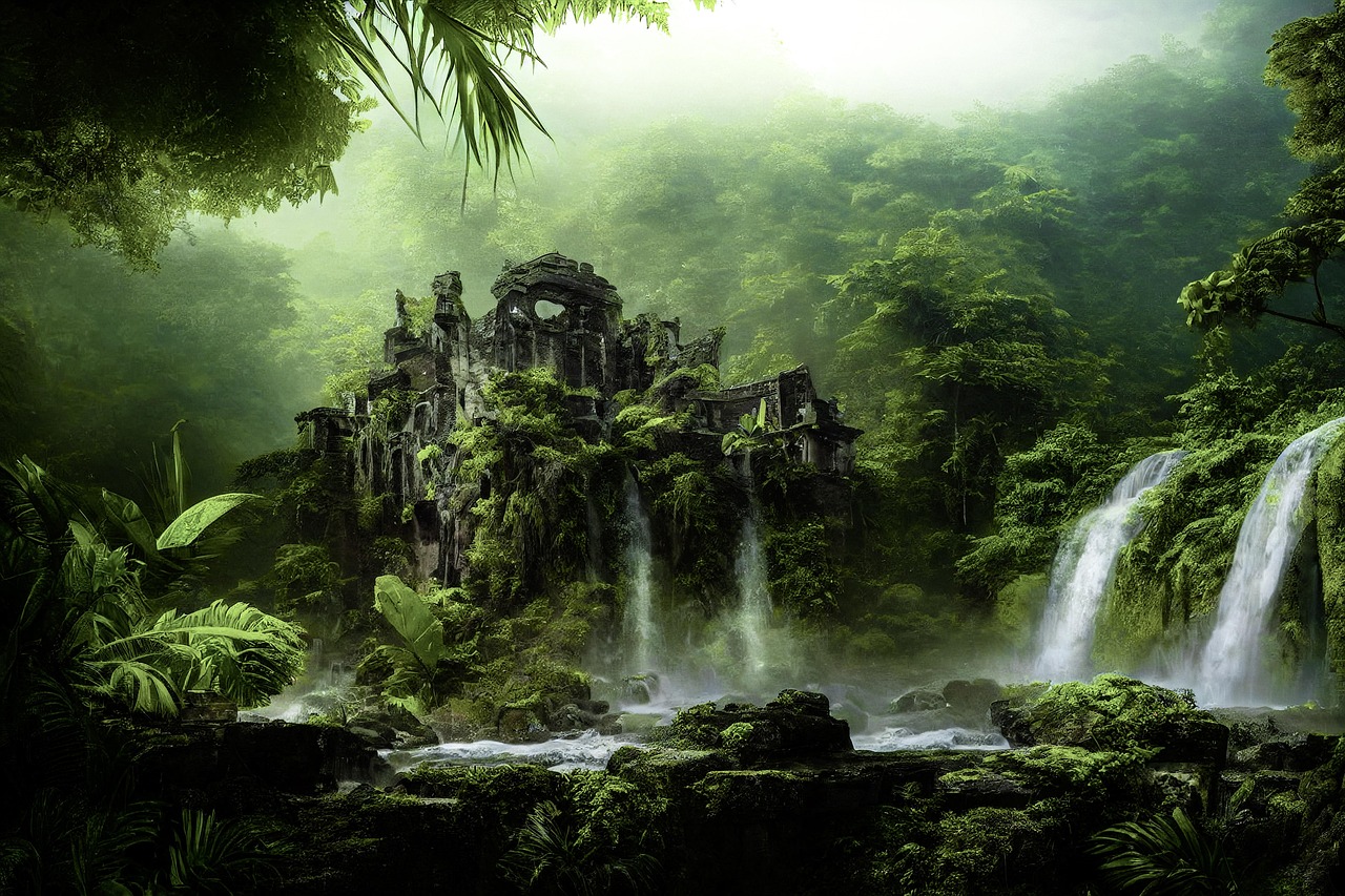 Ancient Jungle Ruins with Waterfalls in Misty Forest