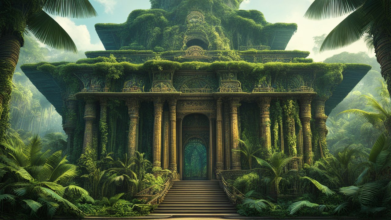 Ancient Jungle Temple Overgrown with Lush Greenery