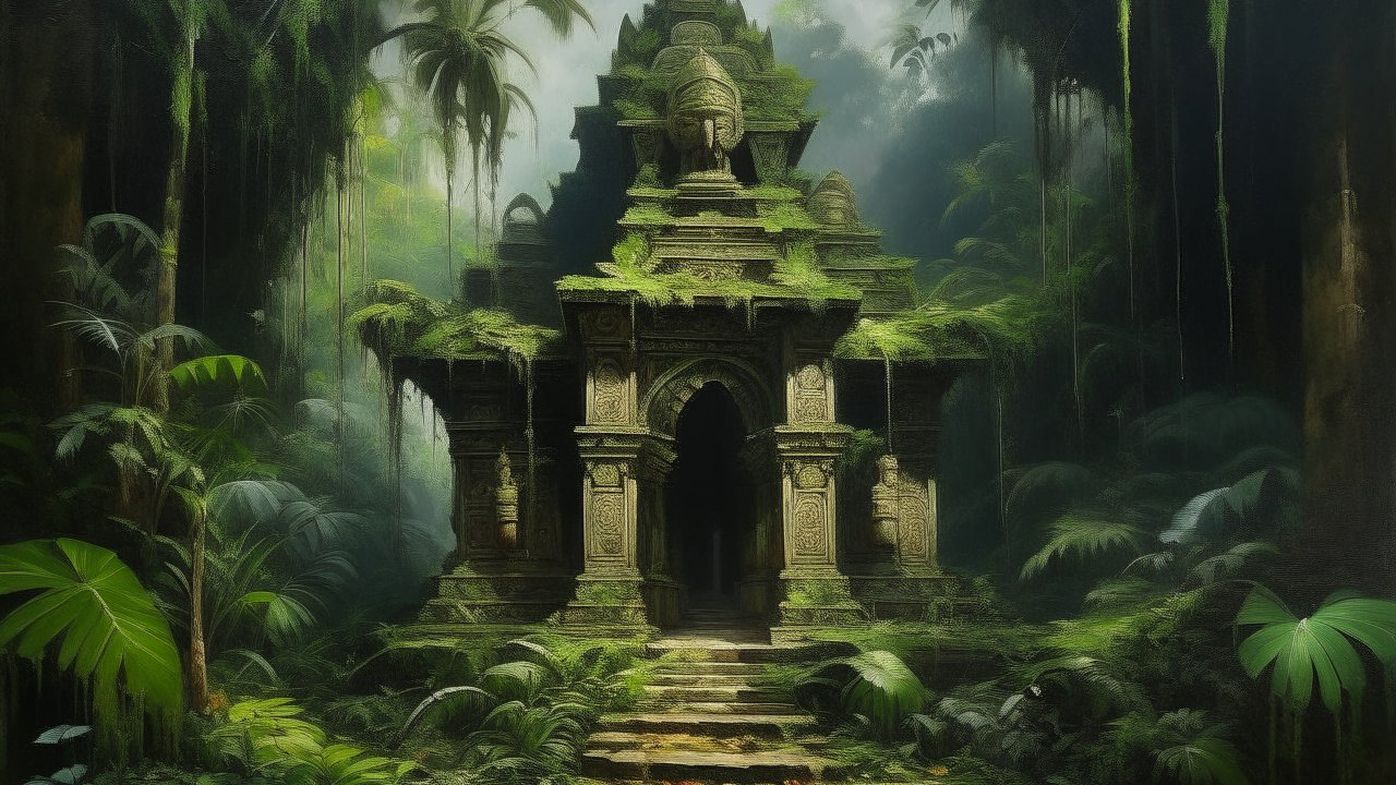 Ancient Jungle Temple Overgrown with Moss