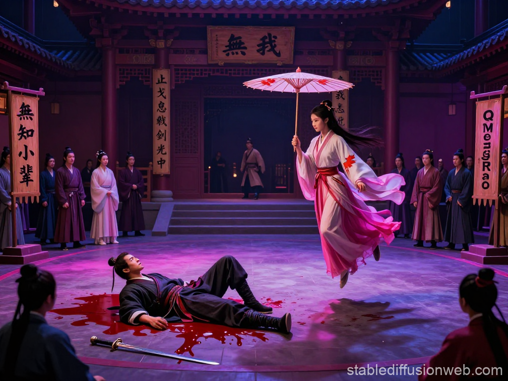 Ancient Martial Arts Duel with Floating Woman and Fallen Warrior
