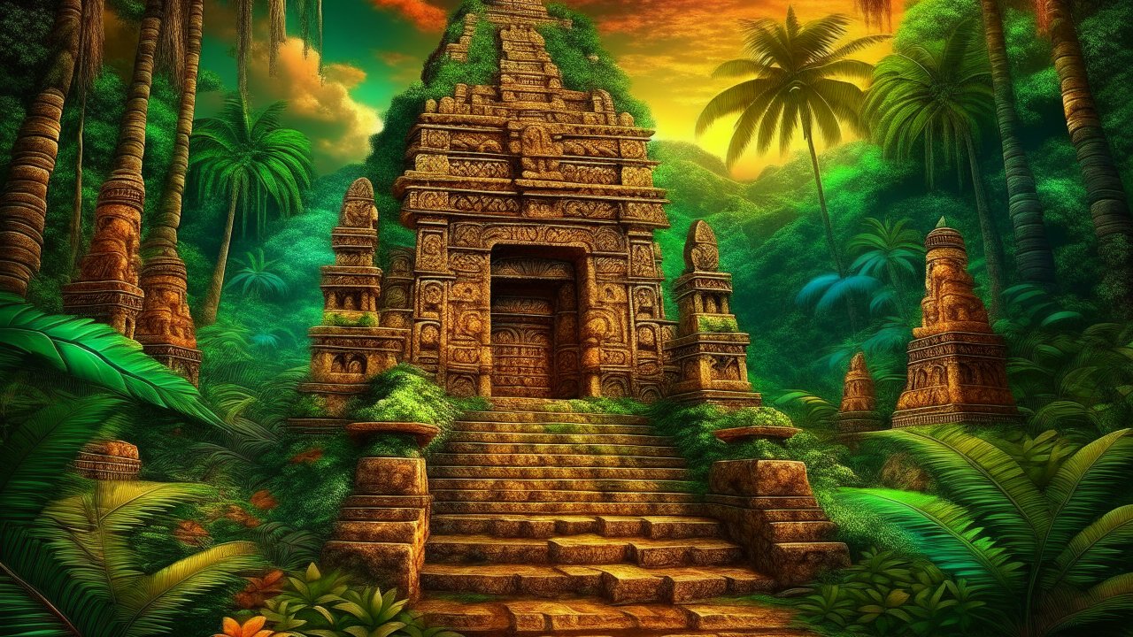Ancient Mayan Temple in Lush Jungle at Sunset