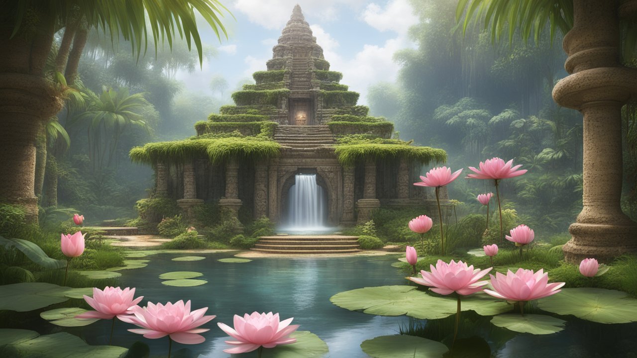 Ancient Mayan Temple with Waterfall in Lush Jungle