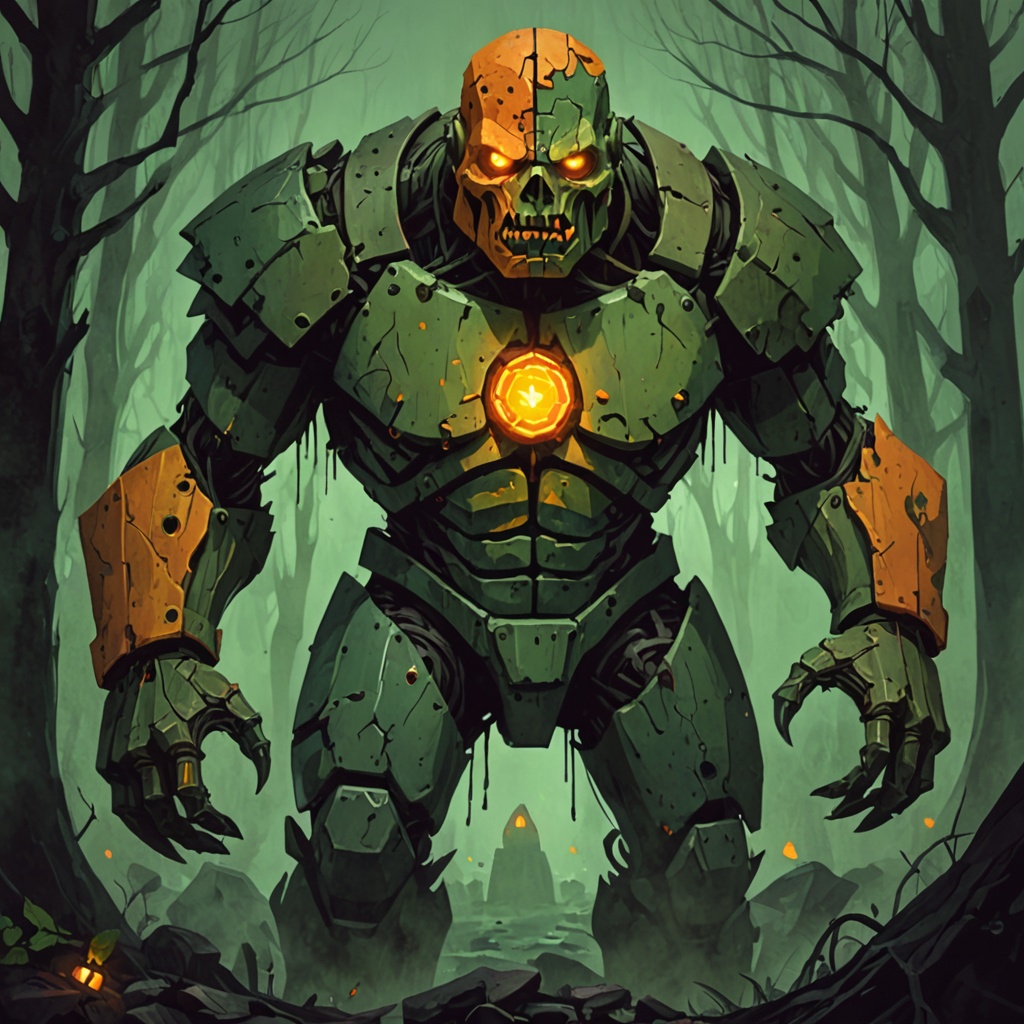 Ancient Mechanical Guardian in Haunted Forest