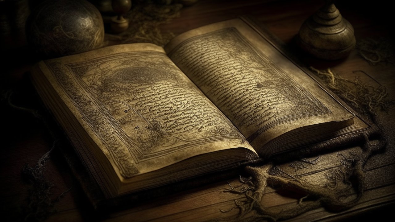 Ancient Mystical Book Open on Wooden Table