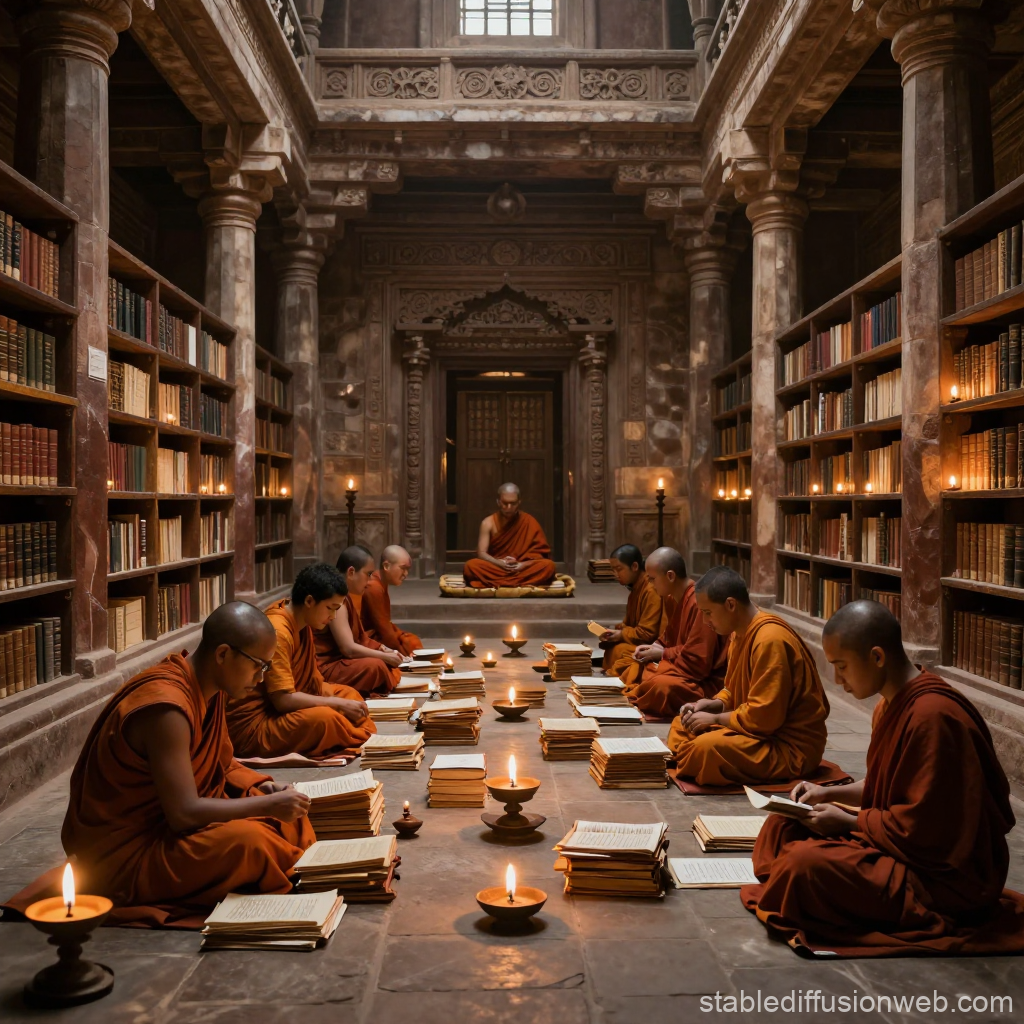 Ancient Nalanda Library with Monks Studying by Candlelight
