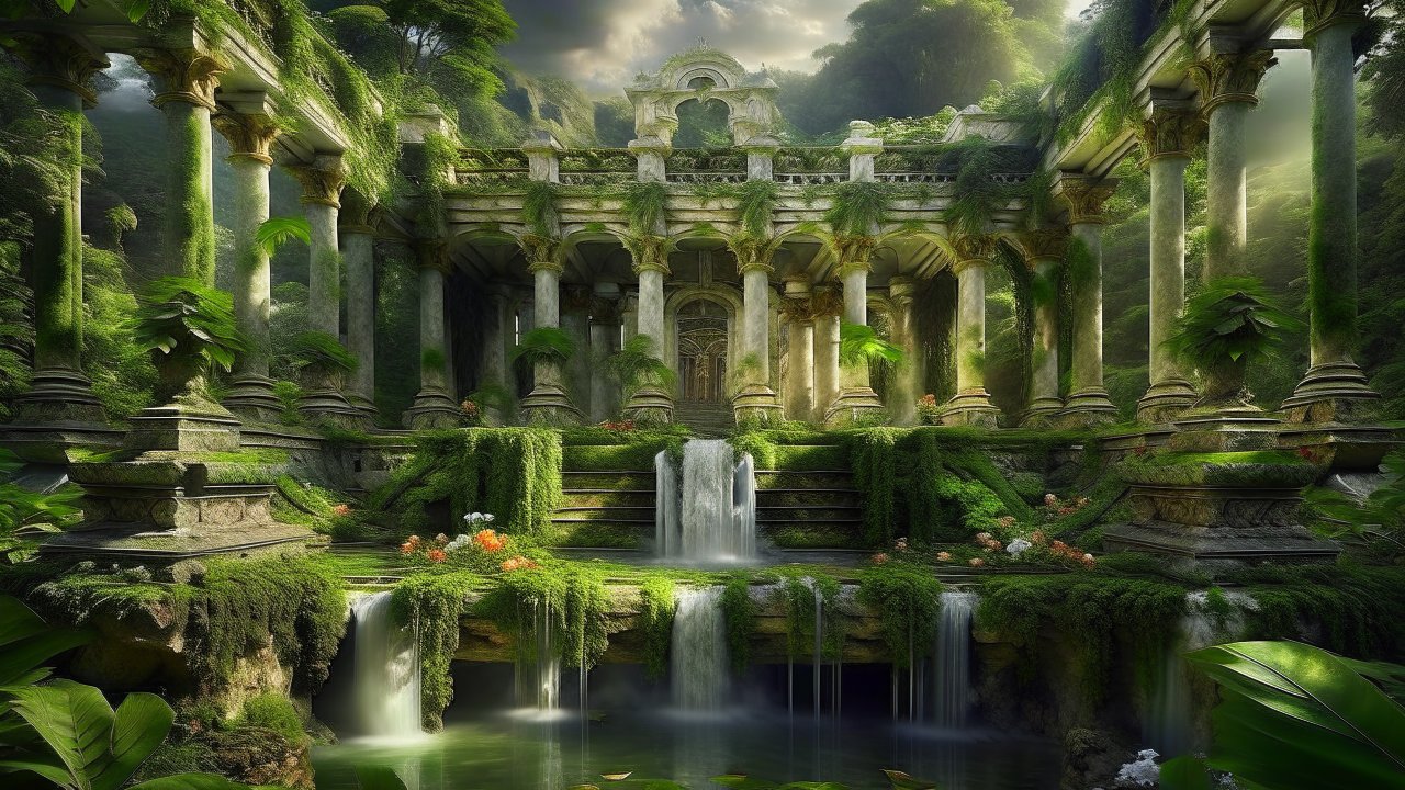 Ancient Overgrown Ruins with Cascading Waterfalls