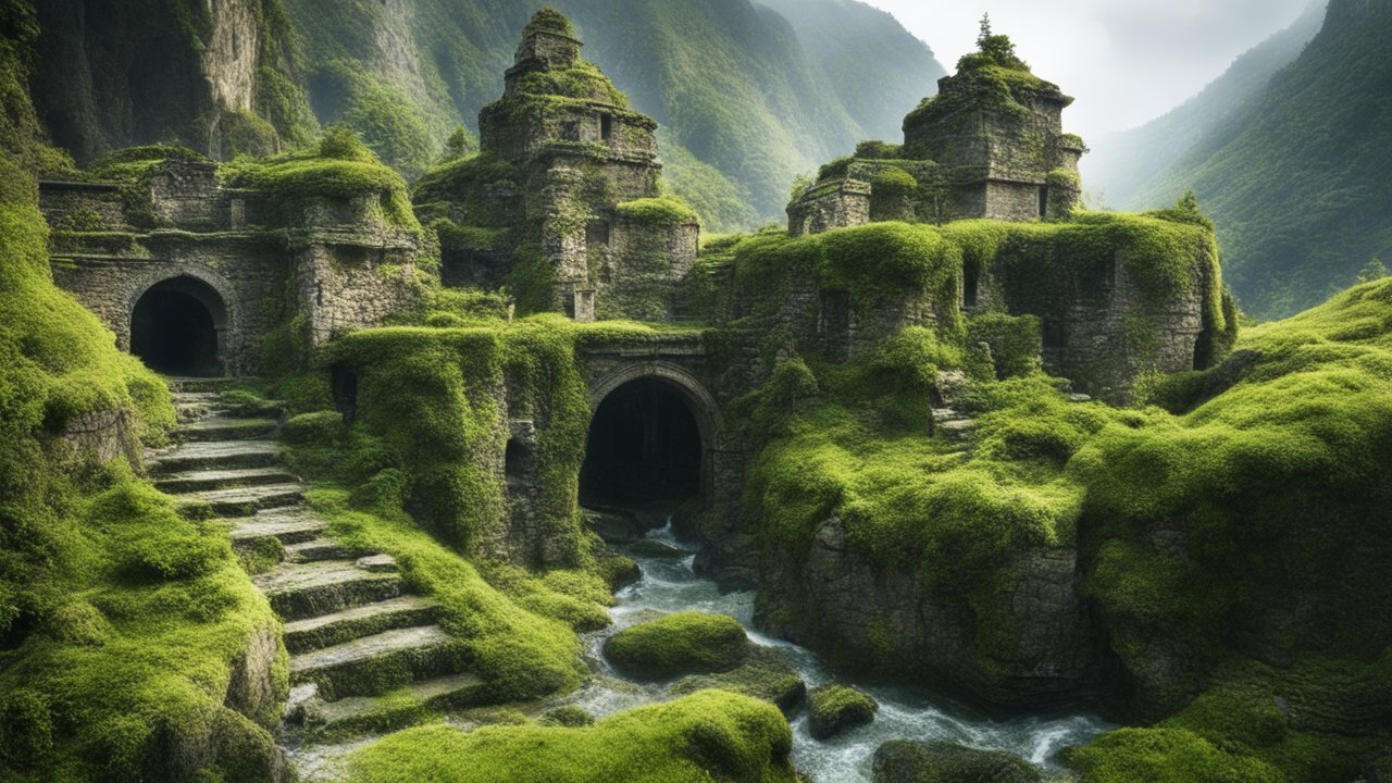 Ancient Overgrown Stone City in Lush Mountain Valley