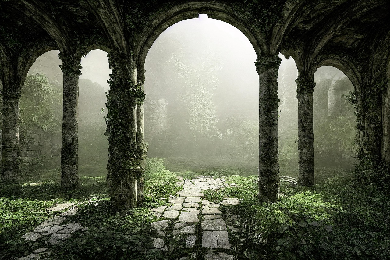 Ancient Overgrown Temple Ruins in Misty Forest