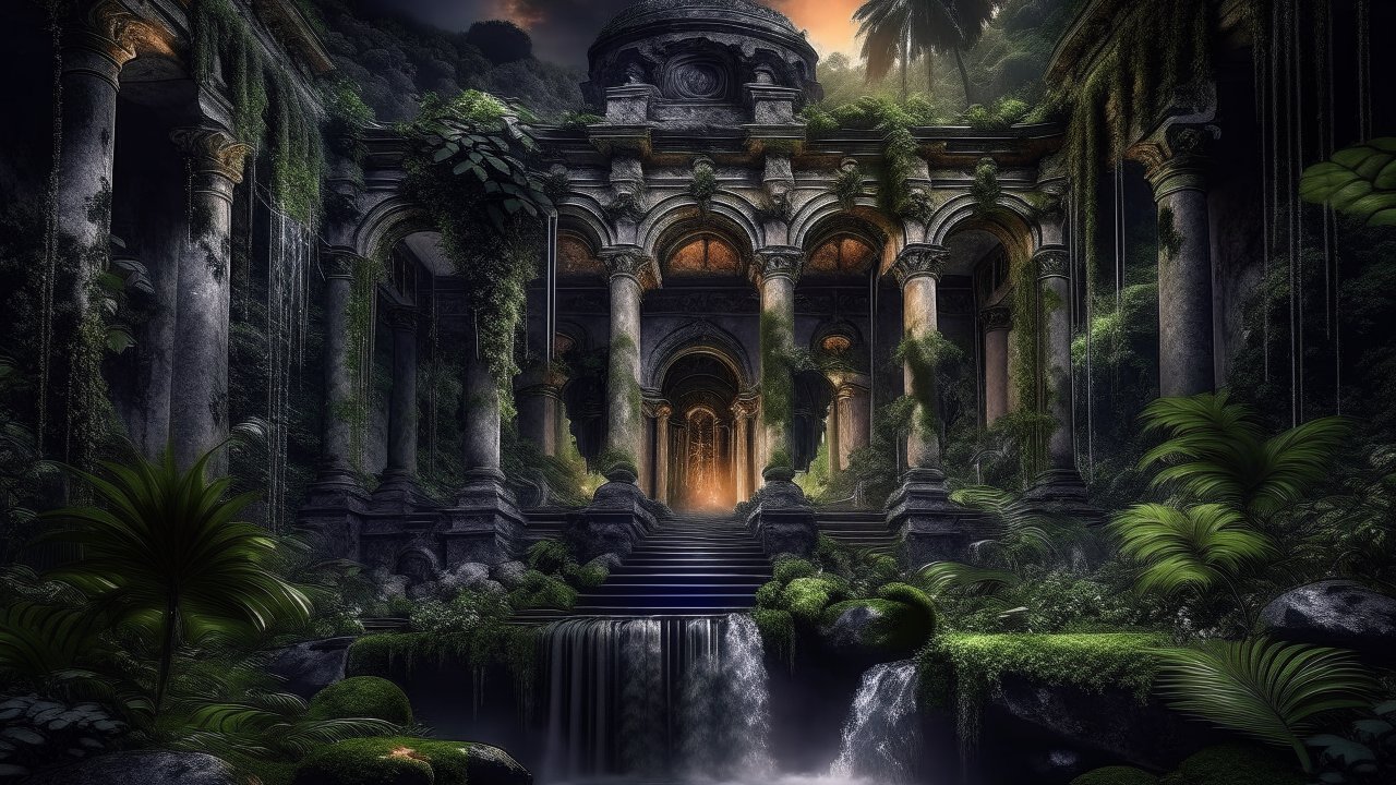 Ancient Overgrown Temple with Waterfall at Dusk