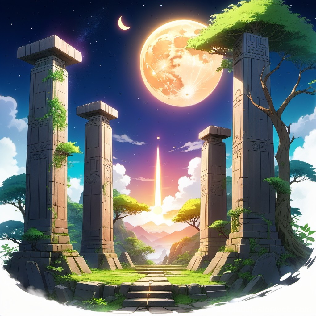 Ancient Pillars Under a Glowing Moon in Anime Style